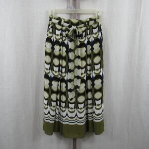H&M US 6 Pleated Retro Midi Skirt Olive Green and Blue Knee Length Belt Funky